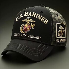 U.S. Marines 250th Anniversary Embroidered Cap Military Camo Hat, Veteran Tribute, Marine Corps Gear, Adjustable Sports Hat for Men and Women