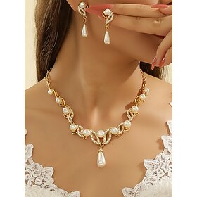 Women's Alloy Imitation Pearl Necklace Earrings Set, Gold Silver Colors, Elegant Design with Crystal Accents, Perfect for Weddings Formal Dinner Events