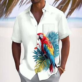 Men's Parrot Tropical Plants Flowers Summer Hawaiian Shirt Button Up Shirt Aloha Shirt Short Sleeve Hawaiian Casual Vacation Summer Spring Turndown 3D Print Co
