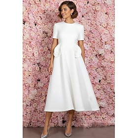 A-Line Tea Length Party Dress Cocktail Dress Wedding Dresses Bridal Shower Dresses Bridal Gown Elegant Little White Dresses Short Sleeve Crew Neck Formal Gradu