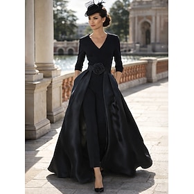 3 Piece Pantsuit Sweep Brush Train Mother of the Bride Dress 3/4 Length Sleeve V Neck Elegant Simple Black Dress Wedding Guest Formal Evening Satin Stretch Fab