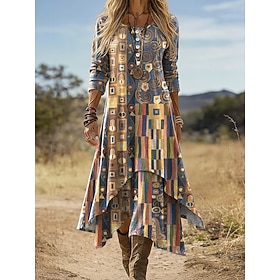 Women's Midi Dress Boho Shift Dress Vacation Casual Daily Holiday Regular Fit Graphic Geometric Long Sleeve Crew Neck V Neck Black Red Orange Dark Blue Summer