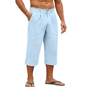 Men's Capri Pants Linen Pants Summer Pants Pocket Elastic Waist Plain Comfort Breathable Calf-Length Daily Outdoor Holiday Fashion Classic Style Blue Dark Khak