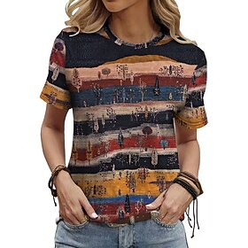Women's T Shirt Print Color Block Stylish Classic Casual Short Sleeve Crew Neck Round Neck Regular Tops Daily Blue Yellow Khaki Summer Spring Fall Winter