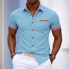 Men's Shirt Dress Shirt Button Up Shirt Color Block Daily Business Light Blue Black White Gray Short Sleeve Turndown Summer Clothing Apparel Patchwork