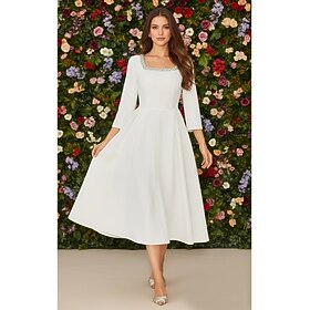 A-Line Tea Length Party Dress Cocktail Dress Wedding Dresses Bridal Shower Dresses Bridal Gown Elegant Little White Dresses 3/4 Length Sleeve Scoop Neck Formal