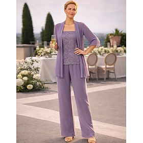 Pantsuit Floor Length Mother of the Bride Dress Long Sleeve Jewel Neck Elegant Simple Wedding Guest with Solid Color