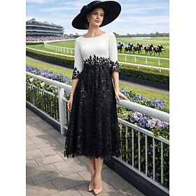 A-Line Tea Length Party Dress Cocktail Dress Wedding Guest Dress Mother of the Bride Dress Half Sleeve Jewel Neck Elegant Vintage Wedding Guest Wedding Party L