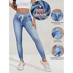 Women's Jeans Leggings Jeggings Vacation Streetwear Casual Full Length Medium Waist Plain Drawstring Pocket Comfy High Elasticity Daily Outdoor Vacation Blue S