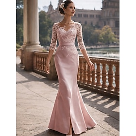 Mermaid Trumpet Floor Length Wedding Guest Dress Formal Dresses Evening Gown Mother of the Bride Dress 3/4 Length Sleeve Scoop Neck Elegant Party Formal Formal