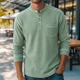 Men's Waffle T-shirt T Shirt Waffle Henley Shirt Long Sleeve Henley Summer Spring Fall All Seasons Solid Color Casual Pockets Casual Home Outdoor Blue Red Na