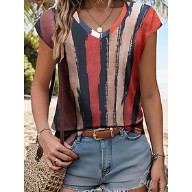 Women's T Shirt Tank Top Print Ombre Graphic Geometric Stylish Classic Casual Sleeveless Short Sleeve V Neck Regular Tops Daily Black Yellow Red Summer Spring