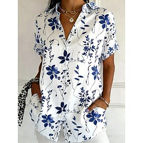 Women's Shirt Buttons Print Floral Graphic Vintage Stylish Modern Short Sleeve Shirt Collar Regular Tops Daily Blue Yellow Purple Green Summer Spring