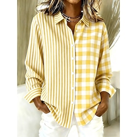 Women's Shirt Blouse Graphic Geometric Plaid Vintage Tropical Daily Long Sleeve Shirt Collar Regular Tops Daily Patchwork Buttons Print Blue Yellow Pink Summer