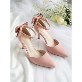 Women's Pink Suede D'Orsay Pumps - Elegant Pointed Toe Kitten Heels with Back Bow Ankle Strap for City Weddings, Bridesmaids Formal Garden Parties