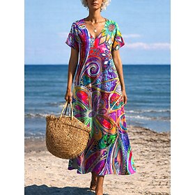 Women's Midi Dress Sundress A Line Dress Vacation Casual Boho Butterfly Sleeve Vacation Going out Regular Fit Floral Graphic Rainbow Short Sleeve Crewneck Blue