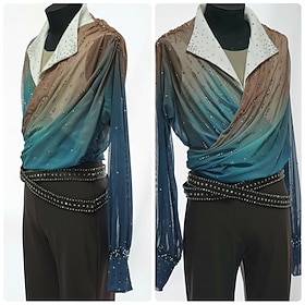 Figure Skating Top Men's Ice Skating Tops Blue Patchwork Stretchy Training Competition Skating Wear Classic Crystal / Rhinestone Long Sleeve Ice Skating Figure