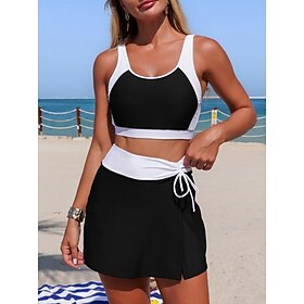 Women's Swimwear Bikini 2 Piece Skirt Swimsuit Tummy Control High Waist Slim Backless Vacation Beach Wear Solid Color Scoop Neck Sleeveless Bathing Suits