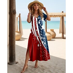American Independence Day Women's Midi Dress Shift Dress Sundress T Shirt Dress Tee Dress Vacation Casual Holiday Regular Fit Graphic American Flag Stars and S
