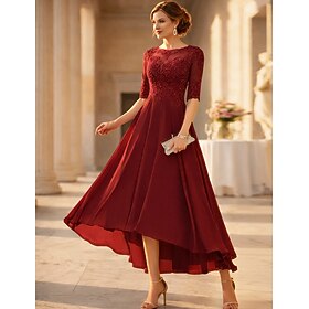 A-Line Ankle Length Party Dress Cocktail Dress Wedding Guest Dress Mother of the Bride Dress Half Sleeve Crew Neck Elegant Wedding Guest Wedding Party Birthday