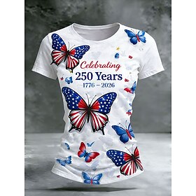 Women's 250th Anniversary Patriotic T Shirt Print Graphic Flag Butterfly Stylish Classic Casual Short Sleeve Crew Neck Regular Tops Daily Blue White Summer Spr