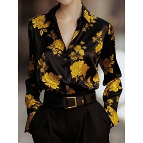 Women's Satin Shirt Satin Top Buttons Print Floral Graphic Elegant Stylish Basic Long Sleeve Shirt Collar Regular Tops Daily Work Blue Yellow Spring Fall