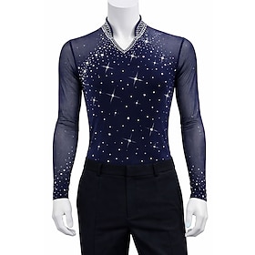 Figure Skating Top Men's Ice Skating Tops Navy Patchwork Stretchy Training Competition Skating Wear Classic Crystal / Rhinestone Long Sleeve Ice Skating Figure