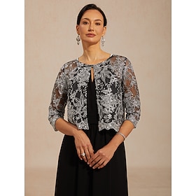 Women's Bolero Jacket Lace up Sequins Embroidered Floral Elegant 3/4 Length Sleeve Crew Neck Regular Tops Wedding Guest Cocktail Attire Black Summer Spring Fal