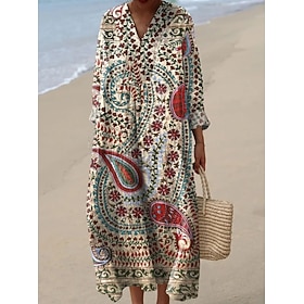 Women's Midi Dress Sundress A Line Dress Vacation Casual Boho Beach Party Regular Fit Floral Graphic Geometric Long Sleeve V Neck Black Green Red Beige Summer