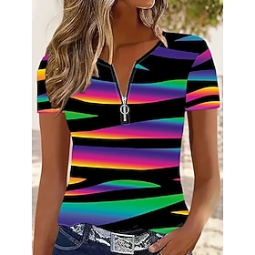 Women's T Shirt Zipper Color Block Quarter Zip Graphic Geometric Tropical Hawaiian Stylish Short Sleeve Crew Neck Regular Tops Daily Sports Going out Fuchsia S