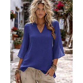Women's Blouse Solid Color Elegant Stylish Casual 3/4 Length Sleeve V Neck Regular Tops Daily Pink Wine Red Royal Blue Green Summer Spring