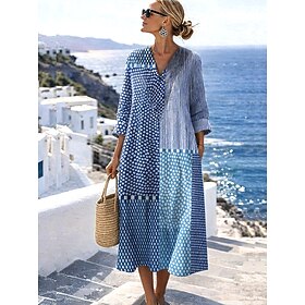 Women's Midi Dress V Neck Long Sleeve Kaftan Lightweight Loose Fit A Line Dress Casual Boho Going out Graphic Geometric Stripe Long Sleeve V Neck Orange red Bl
