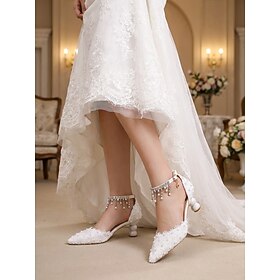 Women's White Lace Wedding Shoes with Beaded Ankle Strap - Elegant Bridal Pumps with Round Block Heel for Classic Weddings