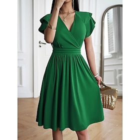 Women's Midi Dress A Line Dress Summer Dress Casual Daily Regular Fit Plain Short Sleeve V Neck Blue Black Wine Green Summer Spring