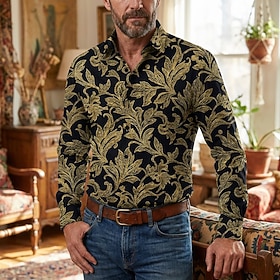 Retro Vintage 1970s Shirt Aloha Shirt Plus Size Long Sleeves Hippie Ethnic Fancy Dress Men's Masquerade Music Festival Party Daily Wear Adults' Shirt