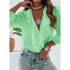 Women's Shirt Ruffle Buttons Plain Ladies Long Sleeve Lantern Sleeve Shirt Collar Regular Tops Daily Work Grass Green Green Beige Rose Pink Summer Spring