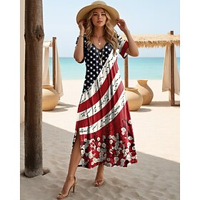 American Independence Day Women's Maxi Dress Shift Dress Sundress T Shirt Dress Tee Dress Vacation Casual Holiday Regular Fit Graphic American Flag Stars and S