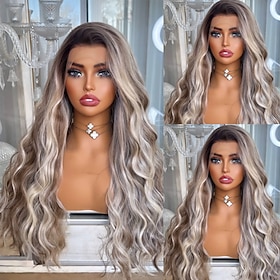 Brasilianische Echthaarperücke (100 % unbehandeltes Echthaar), 5x5 Closure, 13x4 Lace Front, gewellt, aschblond mit Highlights, Babyhaaren, natürlichem Haarans