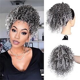 Short Kinky Curly Grey Drawstring Ponytails Extension for Black Women Curly Ombre Gray Ponytail Drawstring Extension Synthetic Gray Messy Bun Grey Hair Piece S