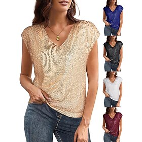 Women's Blouse Sequin Tops Sequins Plain Stylish Classic Modern Short Sleeve V Neck Regular Tops Daily Holiday Going out Black White Wine Royal Blue Gold Summe