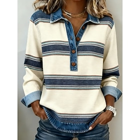 Women's Sweater Pullover Fashion Streetwear Casual Striped Ribbed Shirt Collar Patchwork Knitted Long Sleeve Regular Tops Knit Daily Outdoor Weekend Apricot Sp