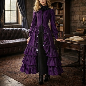 Gothic Victorian Medieval Long Length Dress with Accessories Long Sleeves Witch Fairy Striped Fancy Dress Women's Fantasy Halloween Carnival Performance Renais