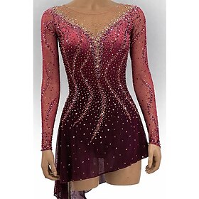 Figure Skating Dress Women's Ice Skating Dress Burgundy Patchwork Open Back Stretchy Training Competition Skating Wear Classic Crystal / Rhinestone Long Sleeve
