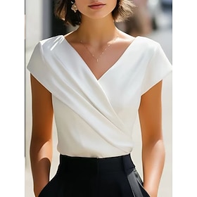 Mujer Camisa de verano Camisa para Vestido Blusa Cruzado Color sólido Elegante Básico Manga Corta Escote en Pico Tops regulares Diario Exterior Trabajo Blanco