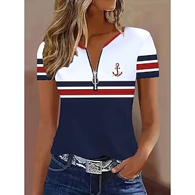 Women's T Shirt Quarter Zip Graphic Geometric Striped Tropical Hawaiian Stylish Short Sleeve Crew Neck Regular Tops Beach Wedding Daily Sports Navy Blue Summer