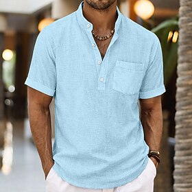 Men's Shirt Linen Shirt Popover Shirt Summer Shirt Beach Shirt Plain Casual Daily Black White Sky Blue Gray Short Sleeve Stand Collar Summer Spring  Summer Clo