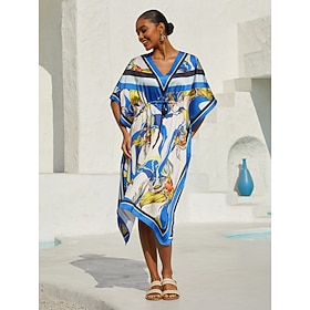 Ozeanblauer Orchideen-Seidensatin-Kaftan: retailer-supplied image