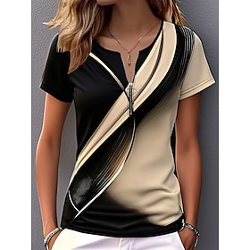 Women's T Shirt Color Block Quarter Zip Graphic Geometric Abstract Tropical Hawaiian Stylish Short Sleeve Crew Neck Regular Tops Beach Wedding Daily Sports Blu