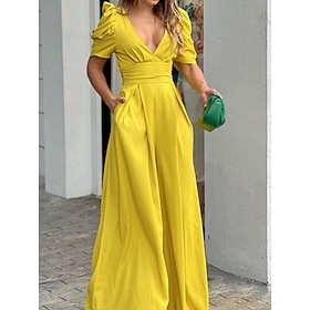 Women's Normal Jumpsuit Elegant Solid Color Short Sleeve Wide Leg V Neck Daily Vacation Regular Fit Black Yellow Light Green Summer