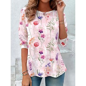 Women's T Shirt Print Floral Graphic Plants Fashion Stylish Classic Long Sleeve Crew Neck Round Neck Regular Tops Daily Weekend Yellow Pink Red Summer Spring F